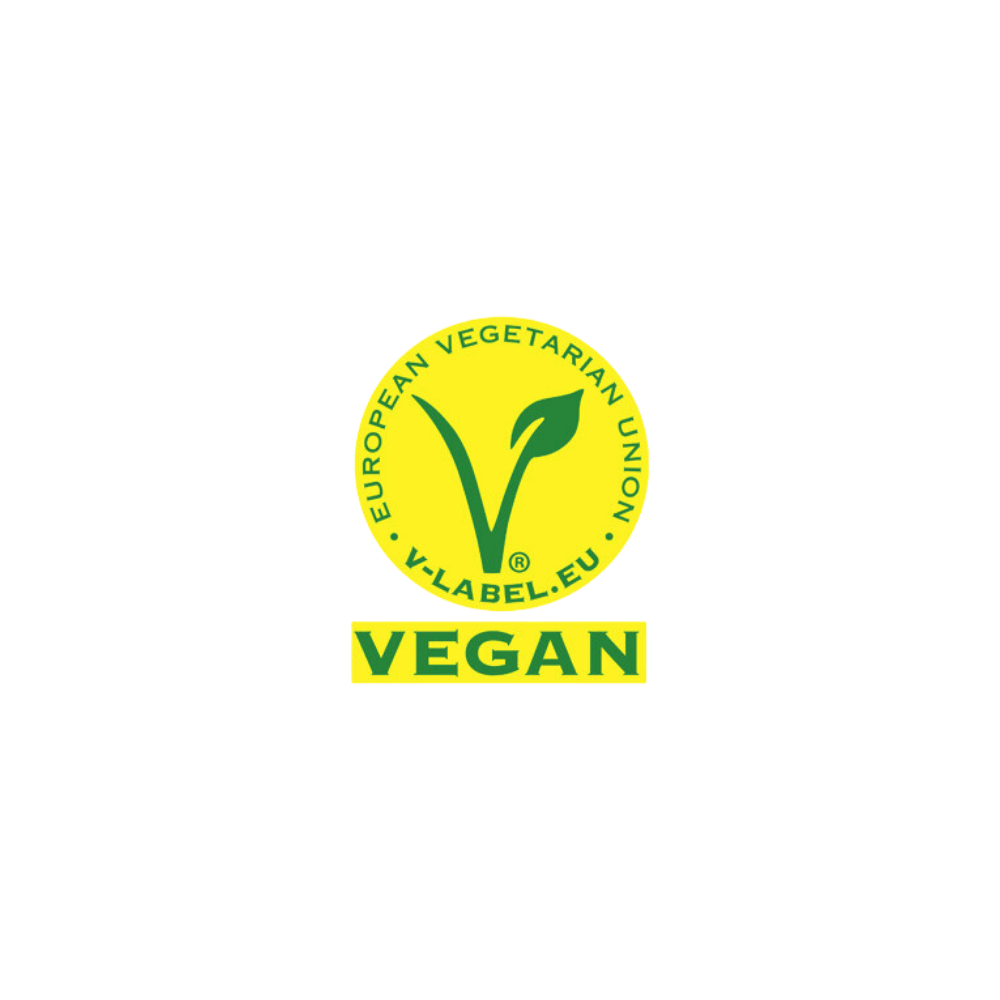 Certificeringen V-labels logo i original grøn-gul version. 1000x1000 pixels