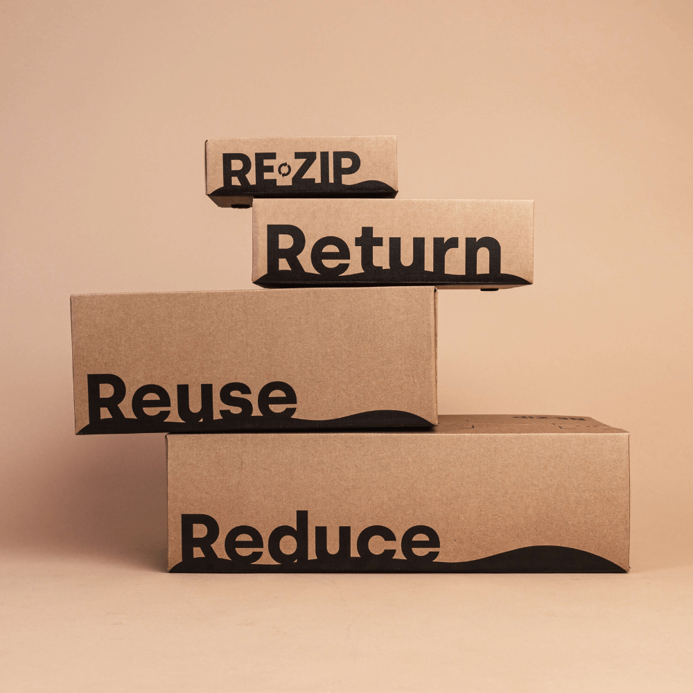 Fire brune papkasser stablet på hinanden. Teksten er: "RE-ZIP", "Return", "Reuse" og "Reduce"