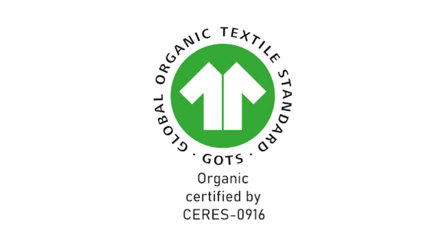 GOTS certificering logo med grøn baggrund og hvidt motiv af trøje