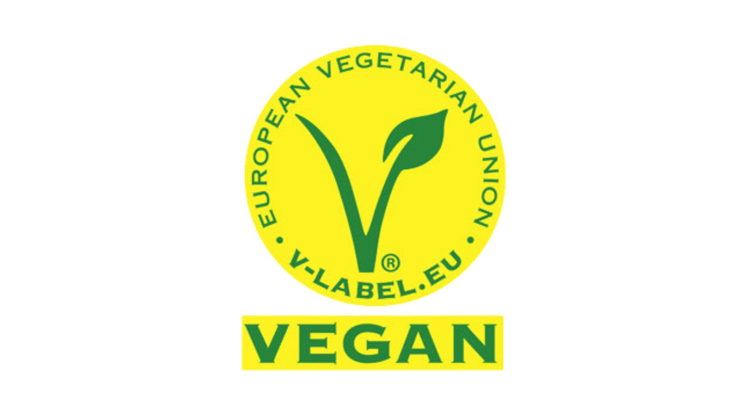 Vegansk certificering i gul med grøn skrift