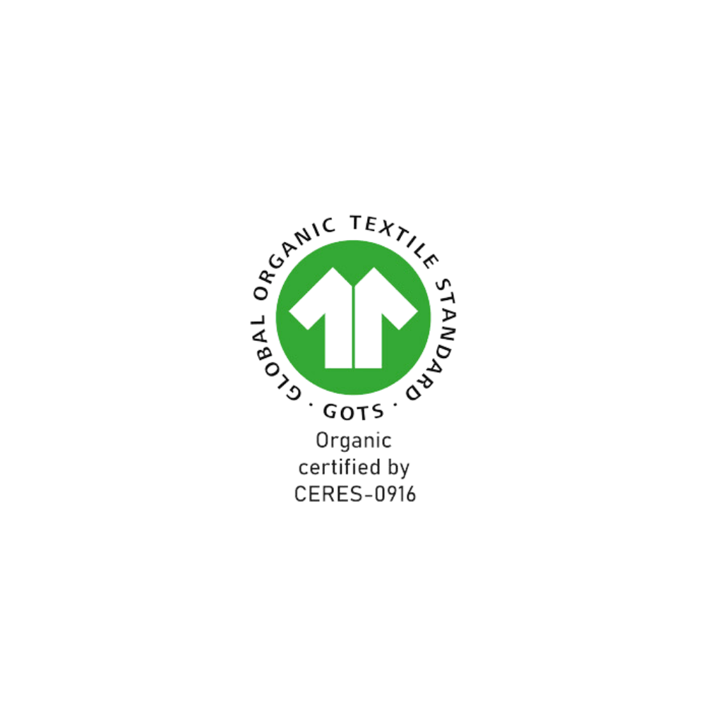 Certificeringen GOTS' logo i original grøn-hvid version. 1000x1000 pixels