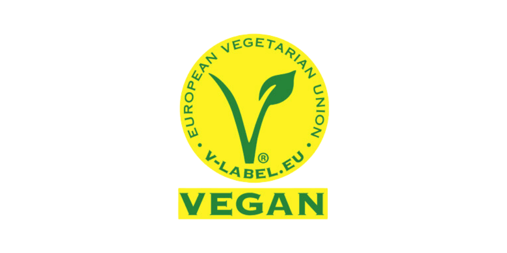 Certificeringen V-labels logo i original grøn-gul version. 1000x500 pixels