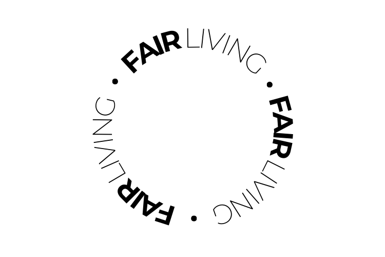 Grafisk element der illustrerer navnet "FairLiving" i en cirkel, hvilket symboliserer FairLivings fokus på cirkulære produkter, der kan genanvendes eller nedbrydes naturligt. 750x500 pixels.