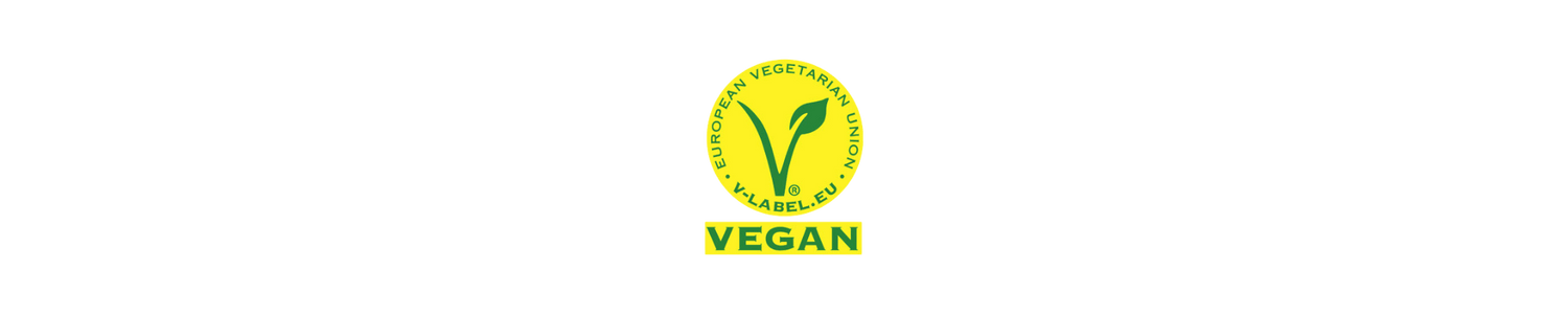 Certificeringen V-labels logo i original grøn-gul version. 2000x400 pixels.