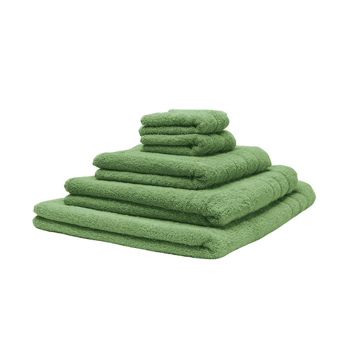 Fem økologiske håndklæder stablet oven på hinanden. Farven er grøn. 
