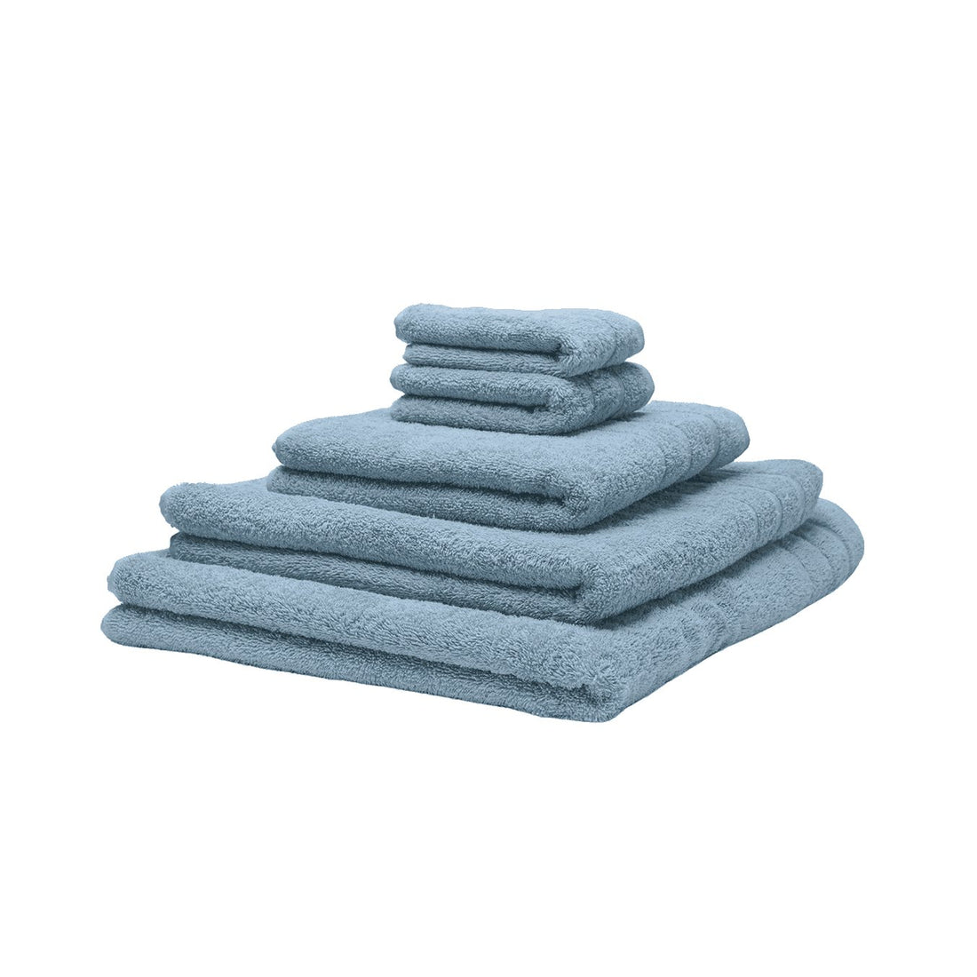 Fem økologiske håndklæder stablet oven på hinanden. Farven er blå. 