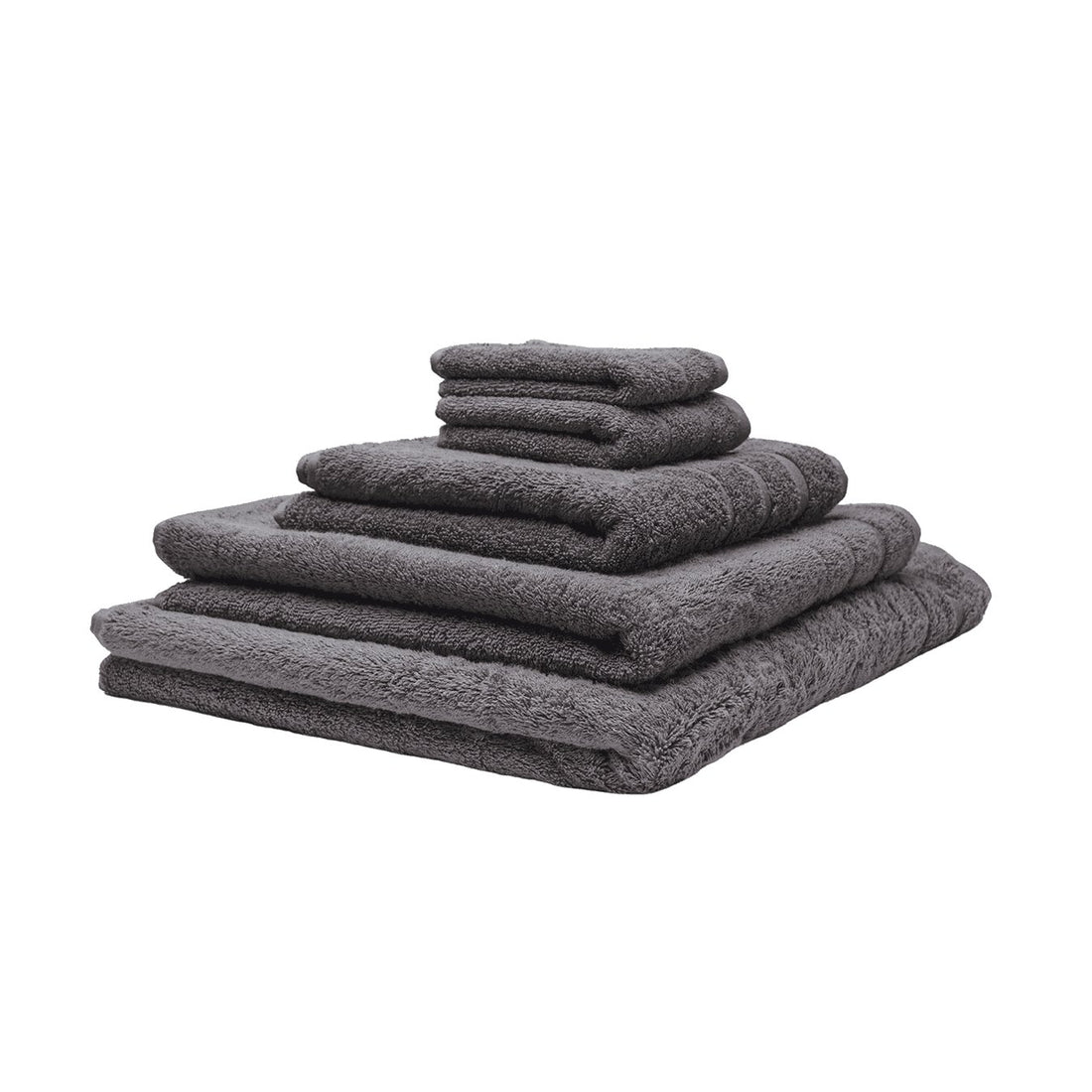 Fem økologiske håndklæder stablet oven på hinanden. Farven er grå.